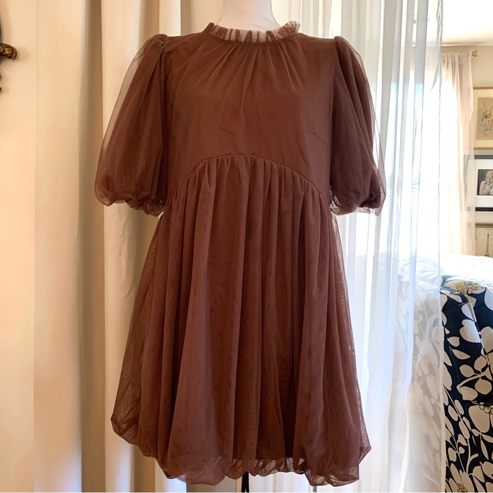Arula Brown Mesh Puff-Sleeve Tulle Party Dress